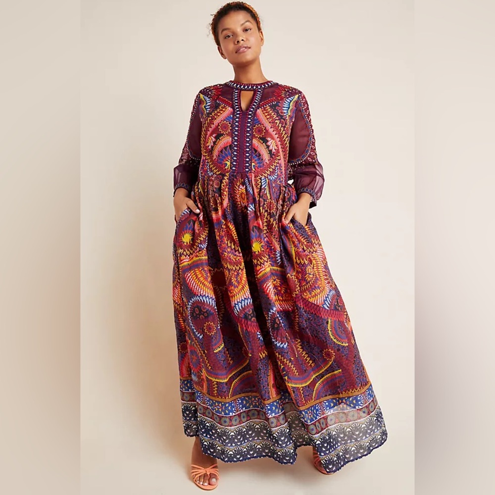 Anthropologie Plus Long Sleeve Patterned and Embroidered Dress Made in India